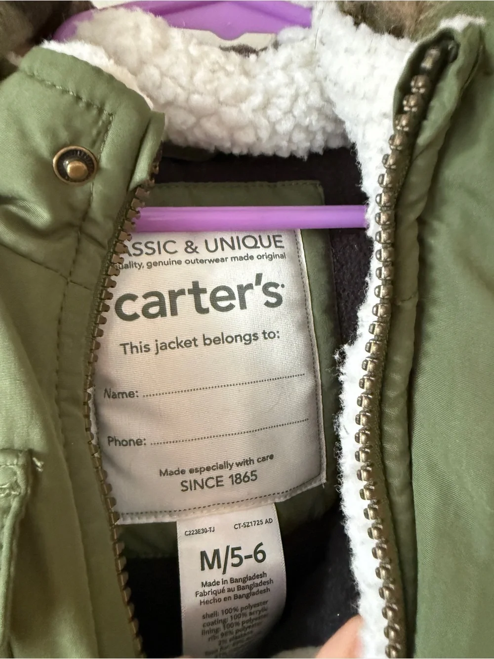 Carter's Olive Green Hooded Puffer Coat with Faux Fur Trim m size 5-6